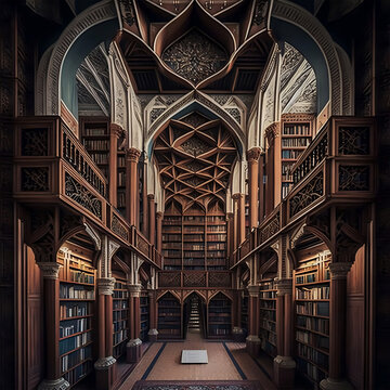 The Islamic library, a symbol of the rich intellectual heritage of Islamic civilization, visualized through Generative AI
