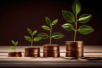 Fototapeta na wymiar Money coin stack growing graph for saving concept. business finance and saving money investment, plant growing up on coin. Balance savings and investment - Generative AI