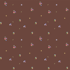 A pattern of multicolored small flowers on a dark brown background in vintage style.