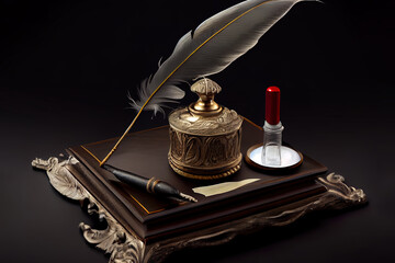 Old inkstand with feather quill. Generative Ai