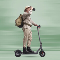 Explorer riding a scooter and holding binoculars
