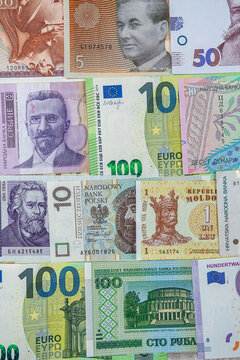 different european international money banknotes as background.