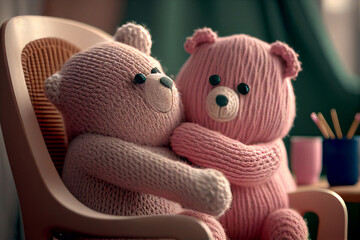 Couple pink teddy bears hugging on chair, Valentine's day concept. Generative AI