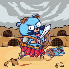 Cute funny monster gladiator, vector illustration