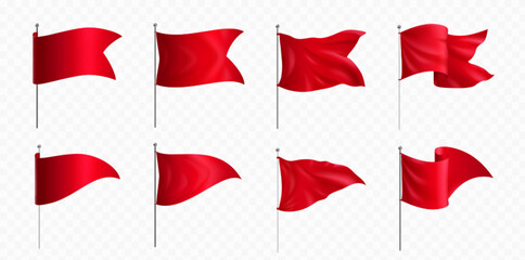 Red flags and pennants on poles mockup. Blank fabric banners triangle, rectangle and corner shape on steel stand isolated on transparent background, vector realistic set