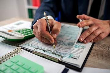 young businessman filling annual 1040 tax form business individual income