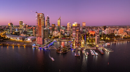 Panoramic aerial view of Elizabeth Quay and Perth's CBD in Western Australia at sunset - obrazy, fototapety, plakaty