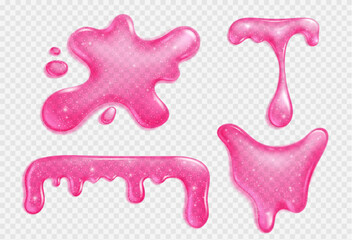 Pink slime, jelly stain, liquid dripping sauce or glue realistic vector isolated illustration on transparent background. Blot of juice or slimy poison splash