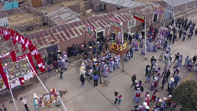 drone aerial shots, procession, patron saint festivities callalli district, virgin immaculate conception, dance of Wititi.