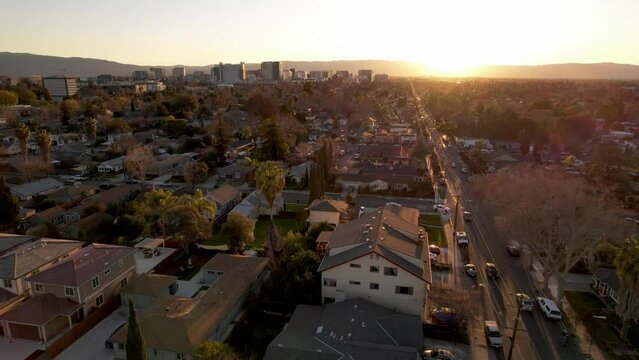 san jose california aerial of skyline at sunset