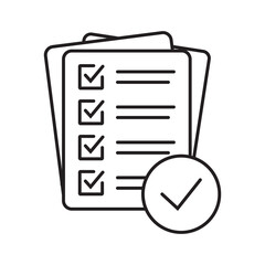 Thin line checklist with mark icon, form icon, report icon on white background.