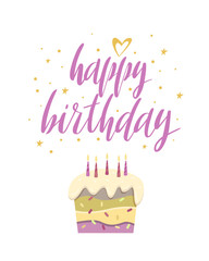 Happy Birthday lettering and cake with candles on white background
