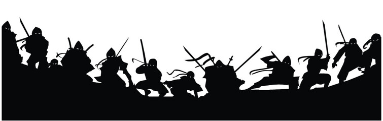 Black silhouettes with a dozen ninjas sitting in epic poses on the roof with weapons at the ready, they are in suits with swords and long armbands swaying in the wind. 2d art