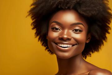 Generative AI image of happy smiling african american beautiful woman with afro hairstyle. Beauty portrait at studio isolated over yellow background. 