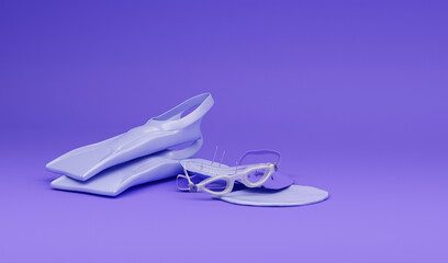 Scuba mask, flippers with water surface on purple background. 3D render of summer vacation concept and holidays © Tiviland