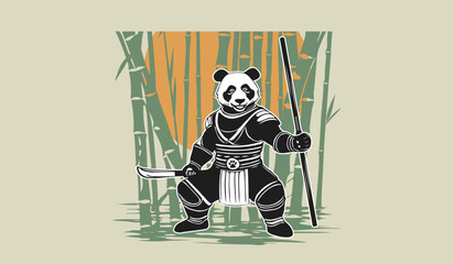 Vector black and white cute smiling panda ancient asian warrior with machete, staff and in armor on the background of bamboo thickets and sun.