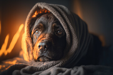 Sick dog snuggled up in a cozy blanket by a fireplace. Generative AI