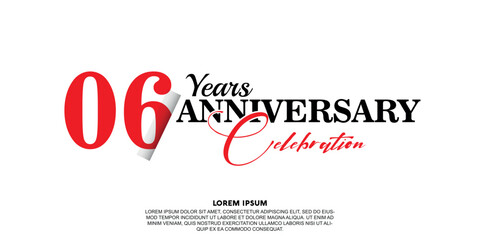 Fototapeta na wymiar 06 year anniversary celebration logo vector design with red and black color on white background abstract 