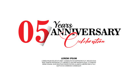 Fototapeta na wymiar 05 year anniversary celebration logo vector design with red and black color on white background abstract 