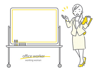 ホワイトボードを使って説明する女性社員　シンプルでお洒落な線画イラスト