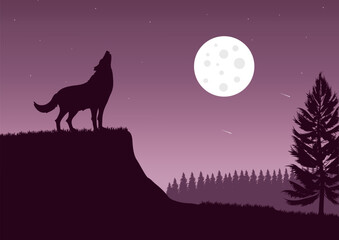 silhouette of a wolf howling on the hill at night, vector illustration.