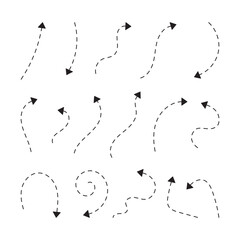 Set of hand drawn dashed arrows isolated vector illustration. - obrazy, fototapety, plakaty