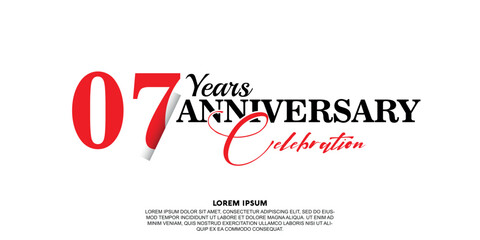 Fototapeta na wymiar 07 year anniversary celebration logo vector design with red and black color on white background abstract 