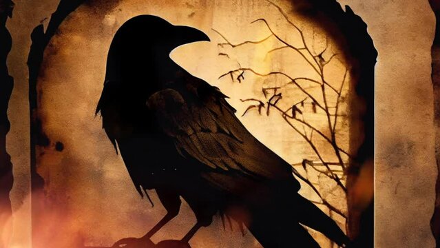 Poe's raven animated fog blackbird, crow, poetic moody dark emo misty, creepy dirty aesthetic, shadowbox noir style spooky, grime, grimy, gritty, organic dirt cracked (generative AI, AI)