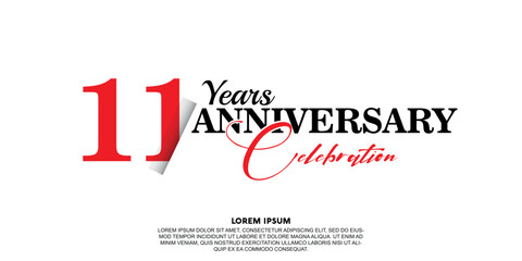 11 year anniversary  celebration logo vector design with red and black color on white background abstract 