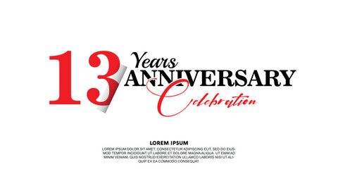 Fototapeta na wymiar 13 year anniversary celebration logo vector design with red and black color on white background abstract 
