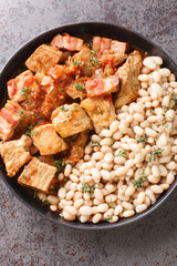 Freginat is a traditional Catalan dish made with boneless pork, white beans, onions, lard, bacon close-up in a plate on the table. Vertical top view from above