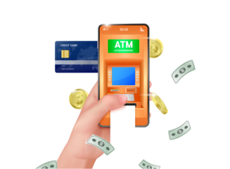 Hand holding smartphone with online payment app, Credit card and coin. ATM Automated. Teller machine 24 hour. Money transfers financial transactions. File PNG 3D.