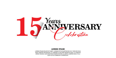 Fototapeta na wymiar 15 year anniversary celebration logo vector design with red and black color on white background abstract 