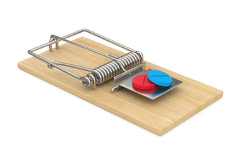 mousetrap and tablets on white background. Isolated 3D illustration