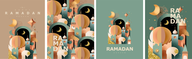 Fototapeta na wymiar Happy Ramadan Kareem! Vector illustration of abstract paper cut mosque, crescent, pattern, window and street for greeting card, background or wallpaper