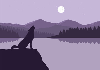 wolf howling on the lake at night, vector illustration.