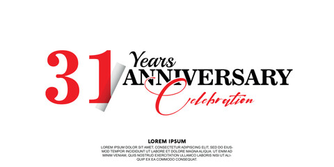 Fototapeta na wymiar 31 year anniversary celebration logo vector design with red and black color on white background abstract 