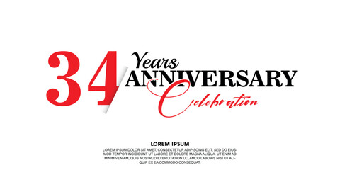 34 year anniversary  celebration logo vector design with red and black color on white background abstract 