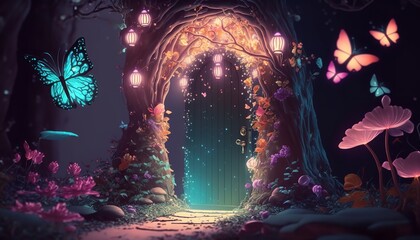 Obraz na płótnie Canvas Magical mushroom in fantasy enchanted fairy tale forest with lots of brightness and lighting. Generative Ai.