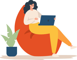 Flat vector illustration. A woman sits on a padded bag chair and works at his laptop. Concept of remote work, work from home