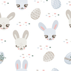 Holiday vector pattern for Easter. Cute bunny faces and Easter eggs. Holiday pattern 
