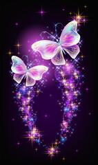 Magic two butterflies with fantasy sparkle and blazing trail and glowing stars on black background