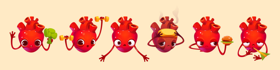 Cartoon set of heart character isolated on background. Vector illustration of human organ with broccoli and burger, exercising with dumbbells, suffering disease attack, in love, shocked or scared