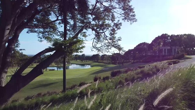 Toma de drone entrando en campo de golf en el atardecer, hermoso campo con lago artificial de fondo y cielo azul espectacular, video drone cinematografico