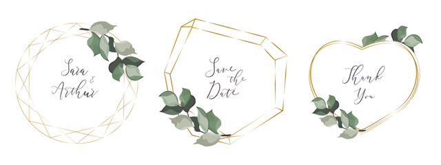 A set of vector frames for holiday design. Polygonal, round and heart-shaped frames. Delicate green sprigs of plants  © Alena