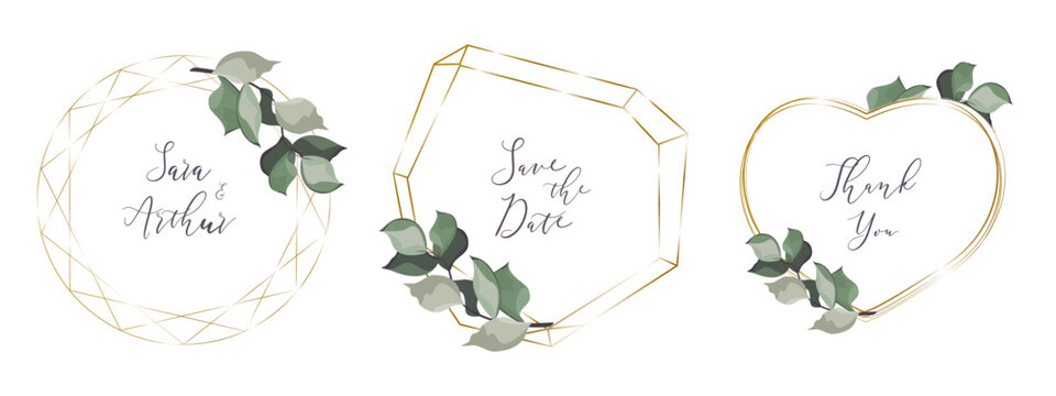 A set of vector frames for holiday design. Polygonal, round and heart-shaped frames. Delicate green sprigs of plants 