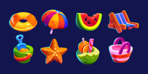 Cartoon set of accessories for summer beach relax isolated on black background. Vector illustration of umbrella, chair, watermelon, tropical cocktail, bag, swim ring, sand bucket, starfish. Game items