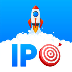 IPO concept. IPO is Initial Public Offering. Company go public in stock market. Investment new stock, businessman, trader, trading stock on IPO. Vector illustration.
