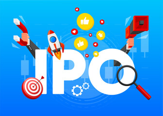 IPO concept. IPO is Initial Public Offering. Company go public in stock market. Investment new stock, businessman, trader, trading stock on IPO. Vector illustration.