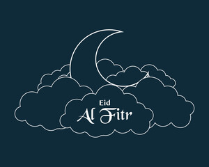 Eid Al Fitr Crescent Moon And Cloud Line Art